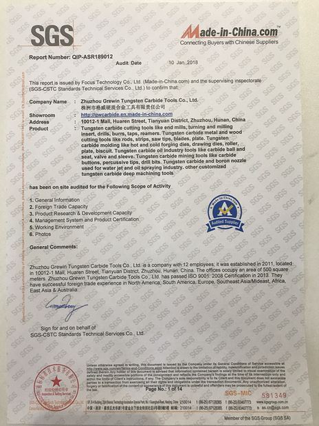 China Zhuzhou Grewin Tungsten Carbide Tools Co., Ltd certificaciones
